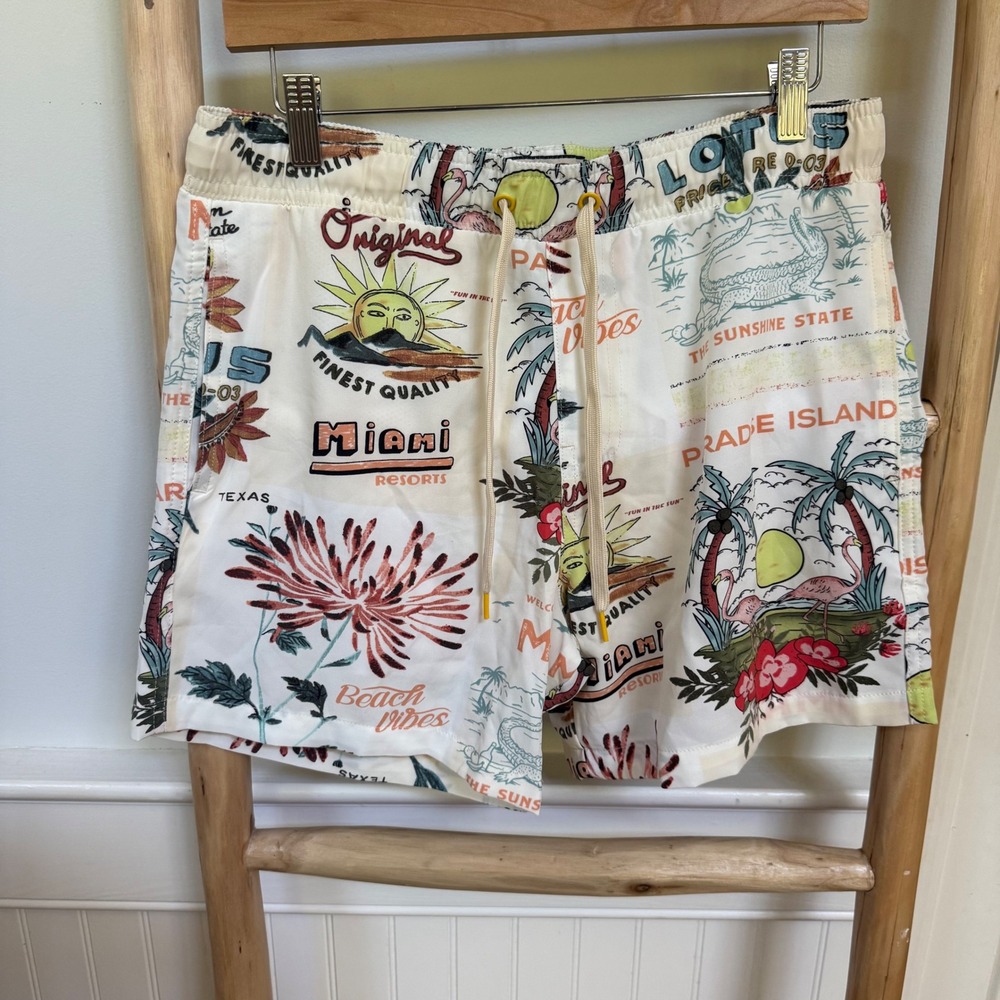 Good Vibes by Drill Clothing Co Mens Miami Postcard Print Swim Trunks Size M